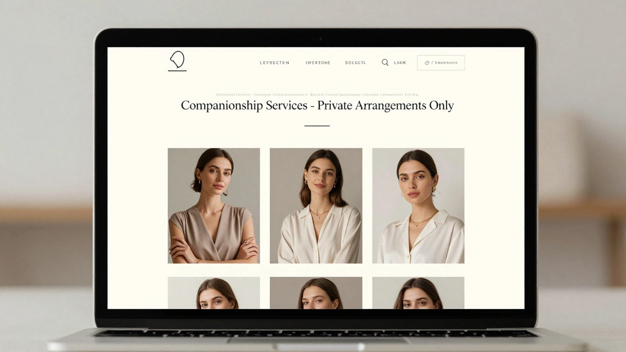 A discreet escort service website displayed on a laptop with professional photos and subtle text.
