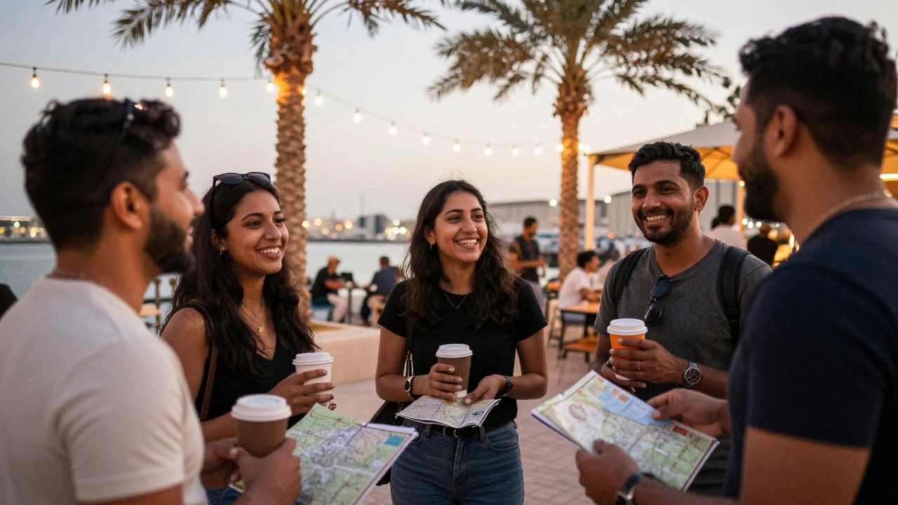 Expats socializing at a casual evening meet-up in Dubai Marina, laughing and connecting naturally.